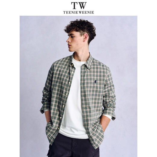 Teenie Weenie小熊男装美式休闲舒适柔软格子长袖衬衫 军绿 L