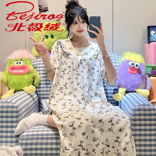 北极绒（Bejirog）夏季新款睡衣女冰丝螺纹睡裙短袖可爱甜美薄款宽松大码家居服套装 7024裙子 L  100-120斤