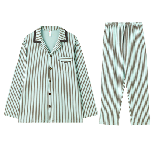 Fenton Pajamas Couple Category A+7A Antibacterial 2025 Autumn New 100% Cotton Striped Cardigan Lounge Wear Set Gray Green-Men's L