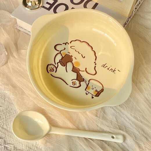 Milk fufu ceramic underglaze color double-eared bowl for one person household tableware set with spoon and chopsticks dormitory instant noodle salad bowl 4-piece set double-eared bowl + rice bowl + spoon + chopsticks