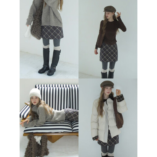 EGGKA Korean retro plaid high-waisted A-line skirt slim casual commuting arm-wrapped short skirt E25B3855YM Kalange M