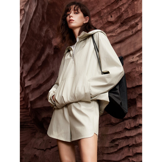 ELLE French workwear hooded windbreaker shorts two-piece set for women 2025 autumn new commuter casual sweatshirt set gray green M