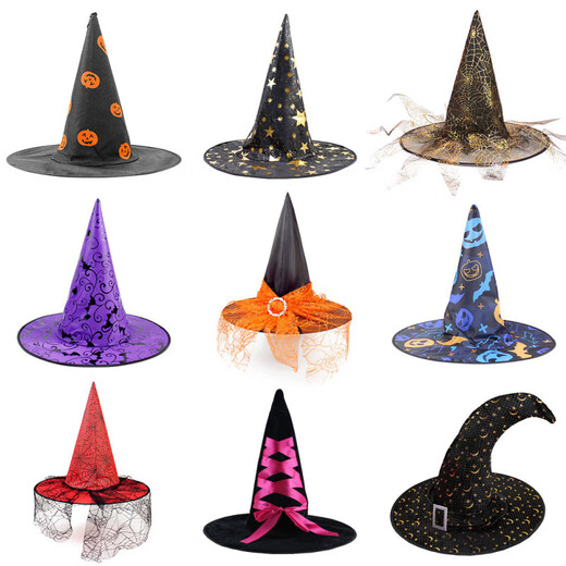 Halloween Hat Witch Party Decoration Corner Mesh Pumpkin Print Magician Witch Hat Black Pointed Wizard Hat Pleated Witch Hat-Black One Size