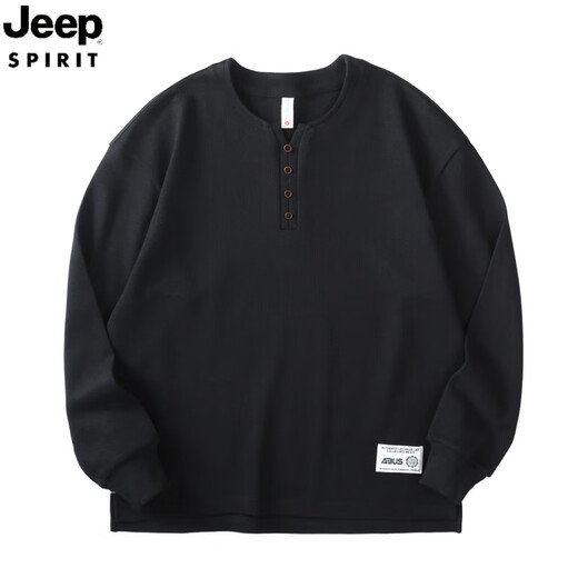 JEEP SPIRIT Jeep American Henry collar polo shirt for men in autumn pure cotton casual bottoming shirt sweatshirt for men loose long-sleeved T-shirt black L recommended 105-120Jin Jin equals 0.5 kg