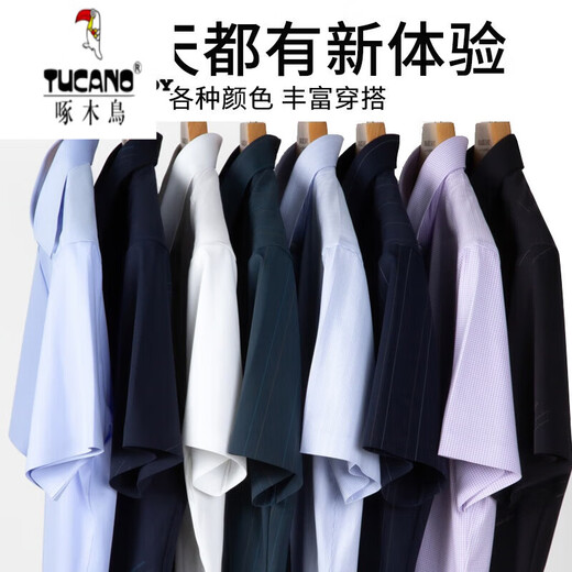 啄木鸟（TUCANO） 白衬衫男短袖免烫弹力商务正装工作服夏季纯白色半袖衬 6187D 38