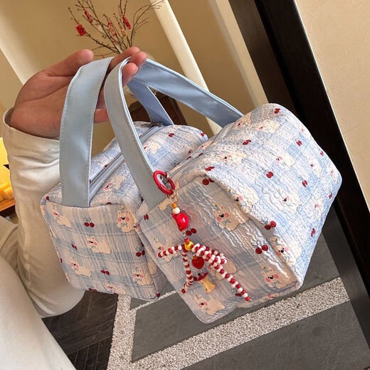 Yunluo 2025 New High-Looking Makeup Storage Bag Large Capacity Portable Washing Storage Three-dimensional Travel Makeup Handbag Blue Pleated Puppy Handbag