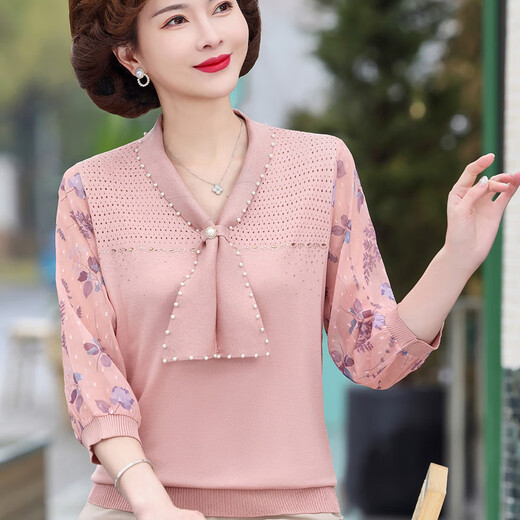 花花公子新款妈妈春装洋气纱袖针织恤薄款打底衫 蓝色6636 2XL (建议125-140斤)