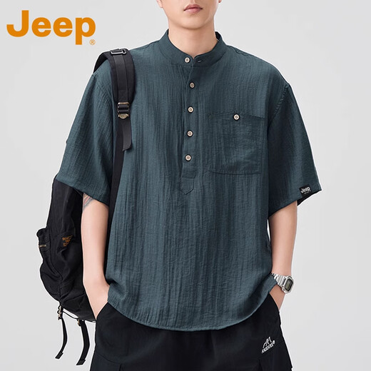 Jeep Jeep ice silk linen short-sleeved shirt men's summer thin henley collar half cardigan loose trendy shirt khaki official authentic L Recommended 120-140Jin Jin equals 0.5 kg