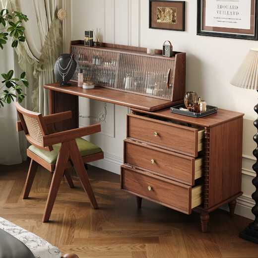 Gujia Imperial style solid wood dresser, one-piece retractable mid-century style storage cabinet, French style bedroom, small apartment, corner makeup, retractable table + three drawers dresser + makeup stool