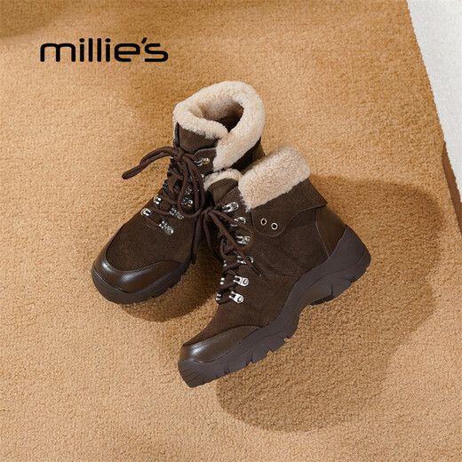Millies genuine leather fashion plus velvet warm Martin boots for women, versatile lace-up high-top casual shoes, short boots for women, brown 37