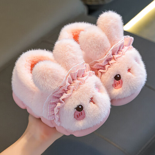 Rabbit Children's Cotton Slippers for Boys Winter Cartoon Cute Non-Slip Indoor Bath Soft Soled Baby Slippers Upgraded Eco-friendly Material Pink (Heel Included) Size 12 30/31 (Shoe Inner Length 18CM Suitable for Foot Length 17