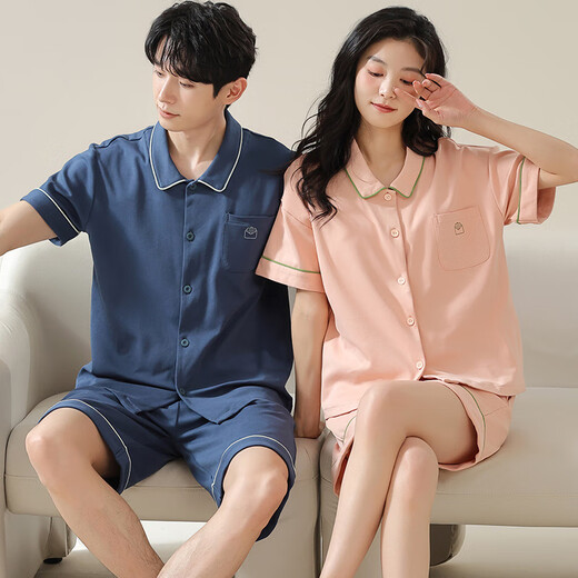 Couple pajamas summer short-sleeved cotton shorts cardigan lapel men and women Korean version simple casual suits for outside wear SN12701 women 12801 men XL men