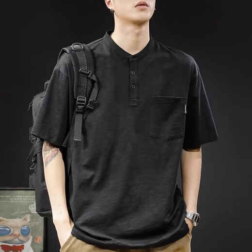 Kurzärärmelte Polo-Shirt Herren-amerikanischer Klassiker Retro Sommer Bambus Joint Cotton Lose Henry Neck Herren T-Shirt Herren Top NB319 White L Empfohlen 120-140jin [Jin ist 0,5 kg]