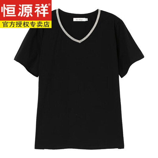 恒源祥加肥加大码鸡心领纯棉t恤女夏装短袖宽松胖妹全棉t血中年妈妈上衣 深蓝色【9898款】 L 适合100-115斤