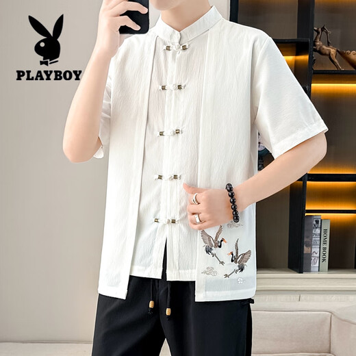 Playboy (Playboy) Traje de camiseta de manga corta de estilo chino para hombres falsos de dos piezas de dos piezas a cuadros a cuadros Lino de algodón de algodón de dos piezas One Set New Chinese Stand-up Collar T 9887 White [superior + pantalones] Manga larga M 110Jin [Jin equivale a 0.5 kg]