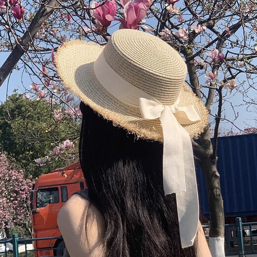 Lai Peisi Flat Top Showed Straw Sombrero Mujeres de verano Vacaciones Beach Beach Sun Protection Gat BoCh Brim Sun Gat Sun Sproh Showed Sweat - Beige [Slecinde de abejas]