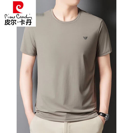 皮尔卡丹（pierre cardin）100%桑蚕丝短袖t恤男士夏季薄款圆领半袖男2025新款真丝体恤 733款卡其 3XL 185建议170斤-190斤