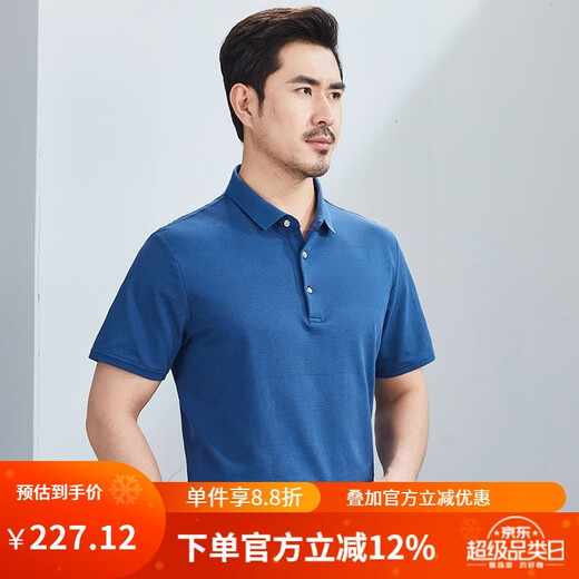 Hongdu short-sleeved T-shirt men's middle-aged business casual thin lapel loose blue work gentleman's half-sleeved T-shirt blue TH6223-1 XL 180/96A