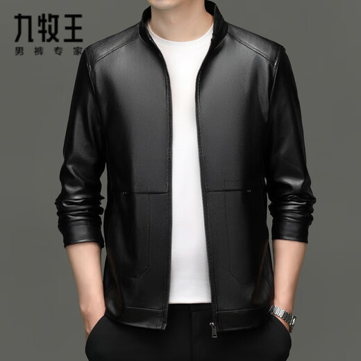 Jiumuwang men's leather jacket short stand collar zipper autumn and winter casual jacket PU leather top middle-aged dad men's jacket black M