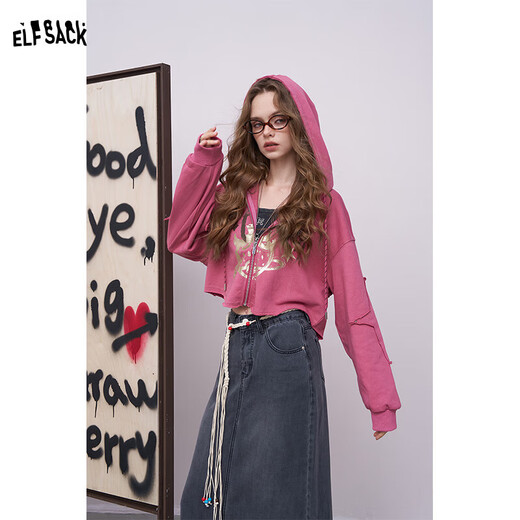 妖精的口袋美式草莓印花连帽卫衣外套女2025秋新款小个子薄款开衫 俏皮玫粉色 M