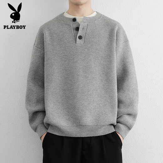 Playboy (PLAYBOY) Henry Collar Fashion Simple Knitted Sweater Men's Lazy Style Boys Sweater 2025 New Autumn and Winter Trend Light Gray M Recommended 100-120 Jin Jin equals 0.5 kg