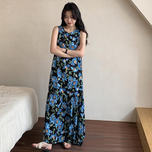 IOSN2025新款无袖连衣裙长裙睡裙女可外穿加长款女士背心裙御姐 8002无袖裙蓝色花朵 缩水大 均码 T裙长13590-150斤