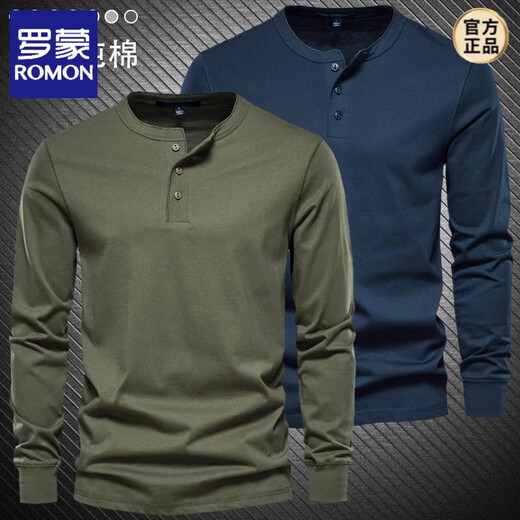 ROMON long-sleeved T-shirt men's pure cotton heavyweight army green Henry shirt bottoming shirt American spring and autumn round neck open collar top Army green L (weight 145-165Jin Jin equals 0.5 kg)
