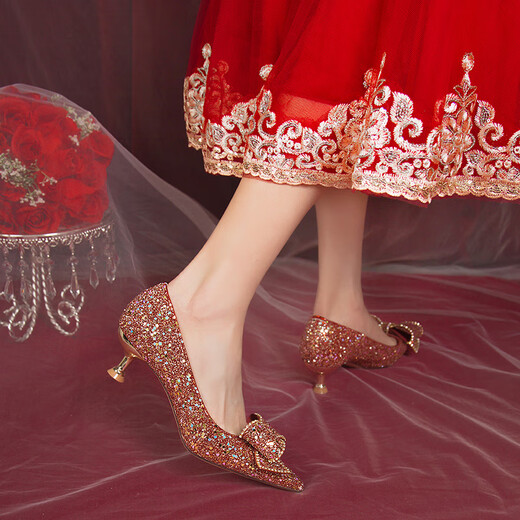 Red French wedding shoes bridal shoes for women 2025 new summer 3cm low heel Xiuhe wedding dress two-wear crystal shoes burgundy stiletto heel 3cm 39