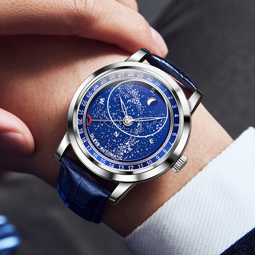 Olevs Watch Mecán Mecánico Mecáneos La marca totalmente automática de los hombres a prueba de agua Luminoso cielo estrellado Diale casual y versátil Versátiles Li 9923g Cuero azul Color natural Cara de color azul estrellado Men 43.5 mm Diámetro de marcado: