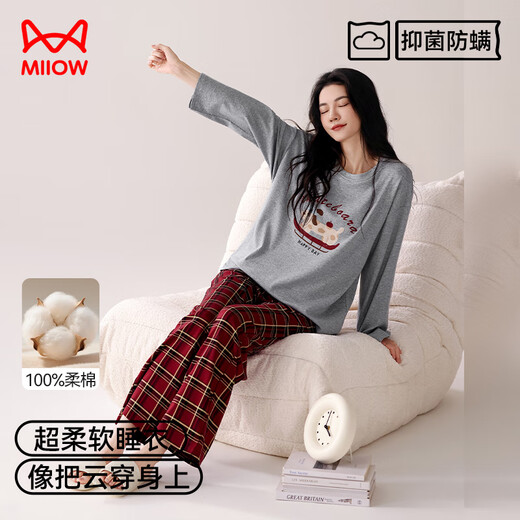 
Cat man pajamas women pure cotton spring and autumn long sleeves 2025 new loose plaid cartoon home clothes grey can be worn outside