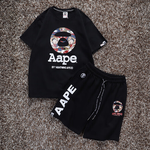 Camiseta de cuello redondo de algodón de algodón puro de AAPE Camuflage Ape Man Pure Algodón para hombres y mujeres Summer Summer Shorts Funds Funds Set de dos piezas Traje negro 21 (535 mangas cortas + 829 pantalones cortos) M 80Jin [Jin iguala 0.5 kg] ~ 120Jin [Jin equivale a 0.5 kg]