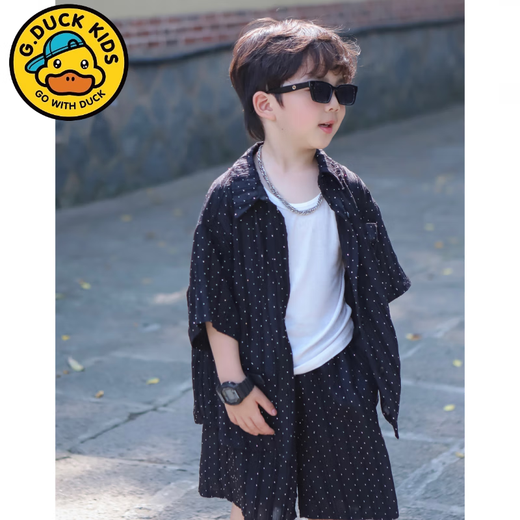 G.DUCKKIDS boys summer short-sleeved shirt set 2025 new flash diamond small and medium-sized children's baby Korean style two-piece set trendy and cool vest + shirt + shorts three-piece set 150 [height 146-15565-7