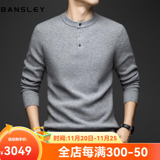Bansley Light Luxury Pure Cashmere Sweater Men's Thickened Winter Henley Neck Sweater Round Neck Casual Warm Knitted Basement Navy XL (180)