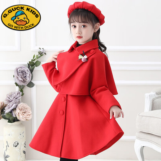 G.duck girls' woolen dress 2025 autumn and winter new thickened children's woolen princess dress little girl's stylish two-piece set red skirt + coat + hat + sweater single 140 recommended height around 135