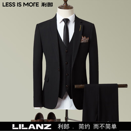 LESS IS MORE Lilang three-piece suit suit men's striped business formal wear Korean style trendy slim and handsome groom wedding dress official flagship black counter genuine M