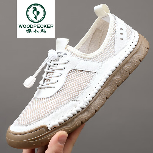 Woodpecker printemps et été 2025 Nouvelles chaussures en maille volante pour les chaussures de sports de sport légères respirantes pour hommes Solise douce 9195 blanc 38