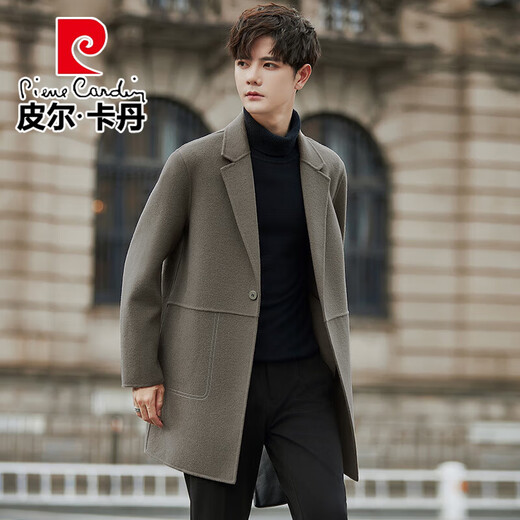 Pierre Cardin autumn and winter men's double-sided wool coat mid-length high-end woolen coat men's Korean style casual windbreaker trend gray green 67.3% sheep wool XL