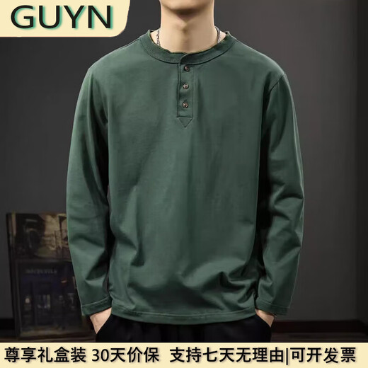 GUYN light luxury men's clothing brand 2025 spring new pure cotton Henry collar long-sleeved T-shirt for men, loose, fashionable and versatile, military green military green 2XL 150175Jin Jin equals 0.5 kg