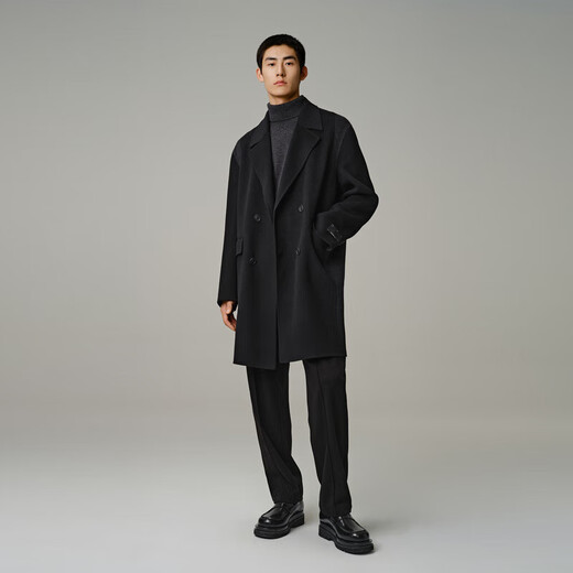 PEACEBIRD Men's Wool Jacket Mid-Length Casual Lapel Double-Breasted Black Woolen Coat Men Black 1 (Loose) S