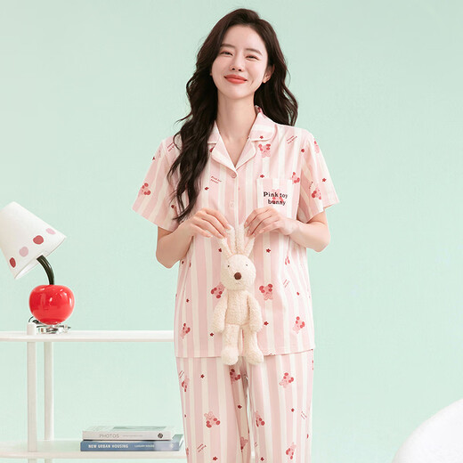 Fundenk ein Pyjama Frauen reines Baumwollsommer neuer Revers-Kurzärmer-Hosen Cartoon Damen Home Clothing Set