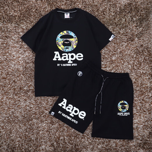 Camiseta de cuello redondo de algodón de algodón puro de AAPE Camuflage Ape Man Pure Algodón para hombres y mujeres Summer Summer Shorts Funds Funds Set de dos piezas Traje negro 21 (535 mangas cortas + 829 pantalones cortos) M 80Jin [Jin iguala 0.5 kg] ~ 120Jin [Jin equivale a 0.5 kg]