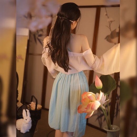 霏慕女睡衣性感套装角色扮演制服诱惑短裙秘书服女仆战袍 6198蕾丝拼接复古褶皱【吊带裙+裤 袖套新年红】