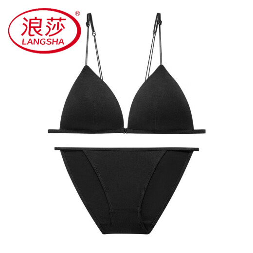 浪莎（LangSha）性感惑无钢圈内衣女聚拢小胸罩款夏法式美背吊带前扣文胸套装 黑色-套装 S (适合70AB)