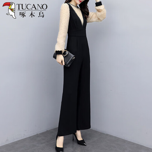 Tucano; Specht Frühlings- und Sommer-Jumpsuit Frauen 2025 Frühling neuer koreanischer Mode-Fashion Casual Black Jumpsuit High Taille Wide Legs Set Black Stripe 345 Dünn S 80-95Jin [Jin gleich 0,5 kg]