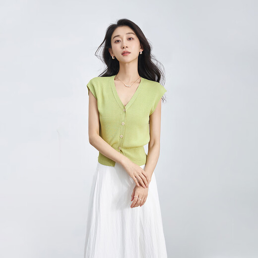 Xiran 2025 Sommer Neues französisches Design Weste ärmellose Strickjacke für Frauen Temperament Slim Top Bean Green S