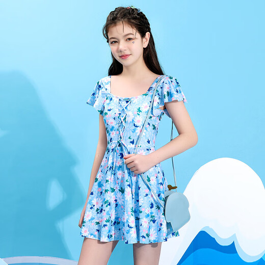 宜肤女童泳衣中大童新款初中生少女保守温泉洋气韩国连体裙式 蓝色9215 150 建议身高135-150cm_体重50-7