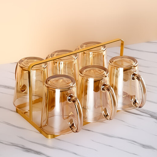 Fat Dongli glass water cup household complete set of living room tea cup set for entertaining guests drinking cup with handle high-value tea set graphite gray handle cup 6 pieces + black stand + kettle + ash tray