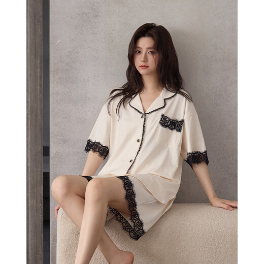 莫代尔睡衣女带胸垫夏季短袖短裤大码感蕾丝家居服 5077固定胸垫 L 105-125斤