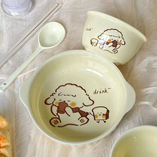 Milk fufu ceramic underglaze color double-eared bowl for one person household tableware set with spoon and chopsticks dormitory instant noodle salad bowl 4-piece set double-eared bowl + rice bowl + spoon + chopsticks