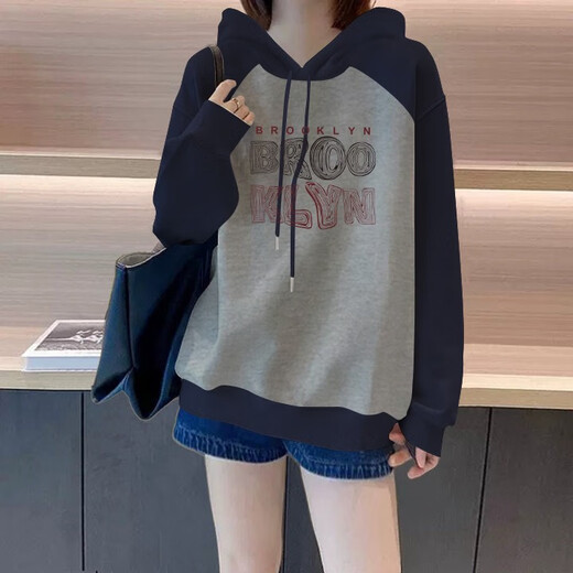Gtyuwvg2024 Herbst und Winter Neue koreanische Version Lose Raglan-Hülle Spleißung kontrastierender Farbe Kapuze plus Samt verdickte Sweatshirt für Frauen in Mode 6197 Kapuzenblumblau grau Blaues Raglan-Hülle Sweatshirt S 80-100jin [Jin gleich 0,5 kg]